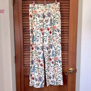 CIDER Cream & Floral High Waisted Wide Leg Corduroy Pants With Pleat Detail